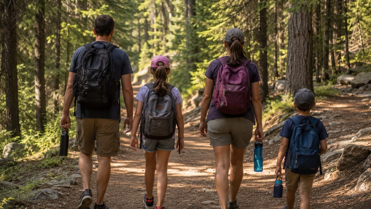 A family walks along a wooded national park trail with backpacks and water bottles.
