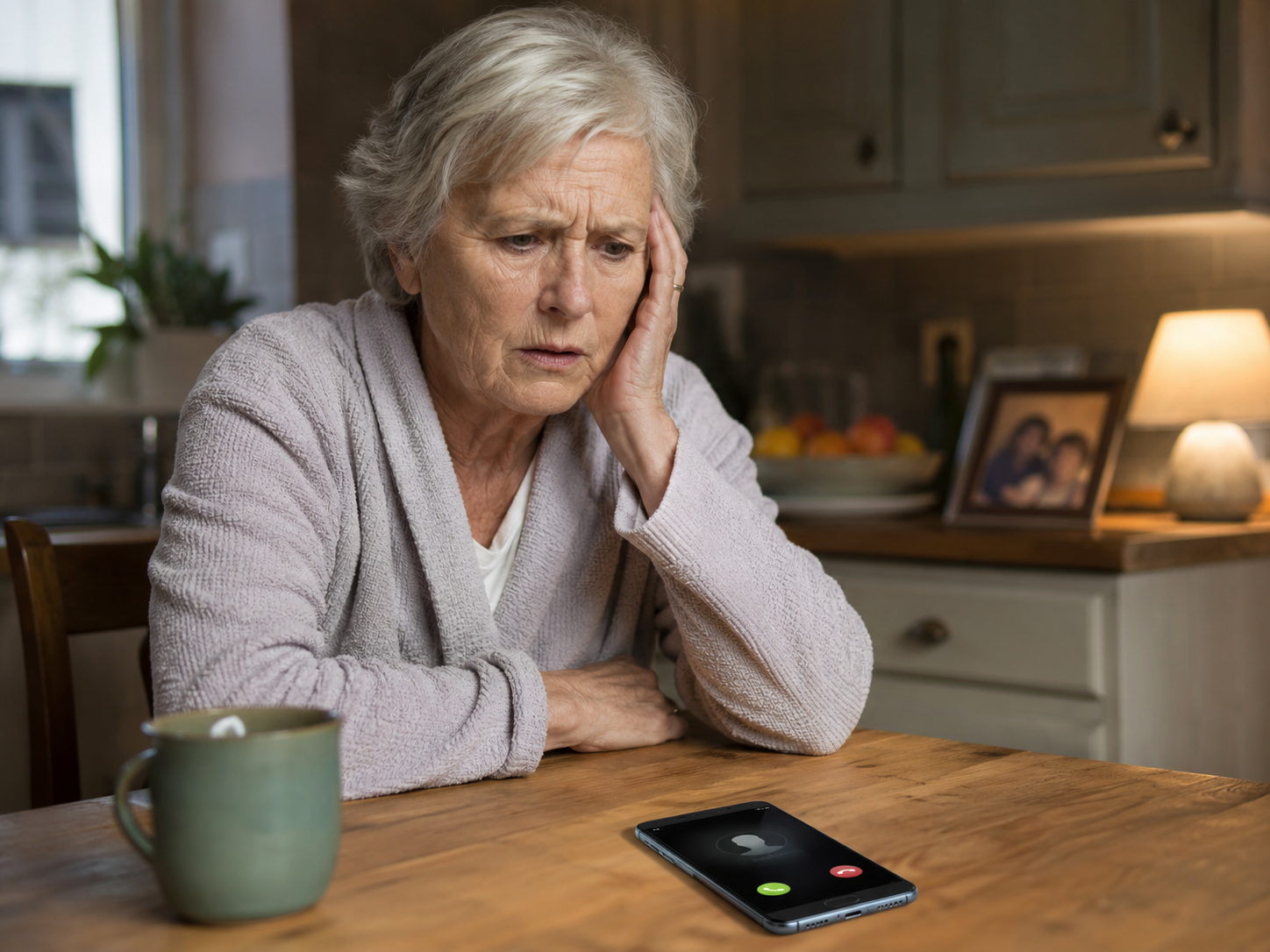 An older adult looks at a ringing smartphone during a suspicious call.