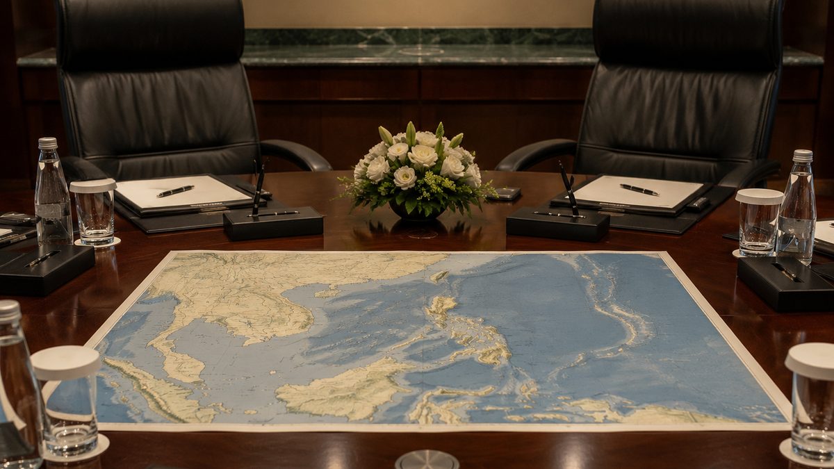 A diplomatic table holds folders and a map of the South China Sea.