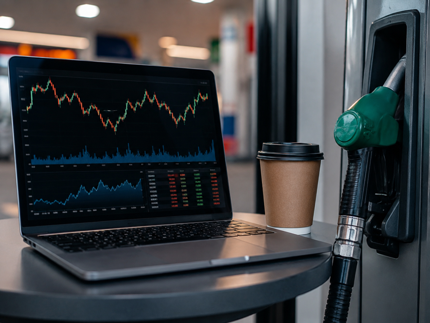 A laptop with market charts beside a gas pump handle.