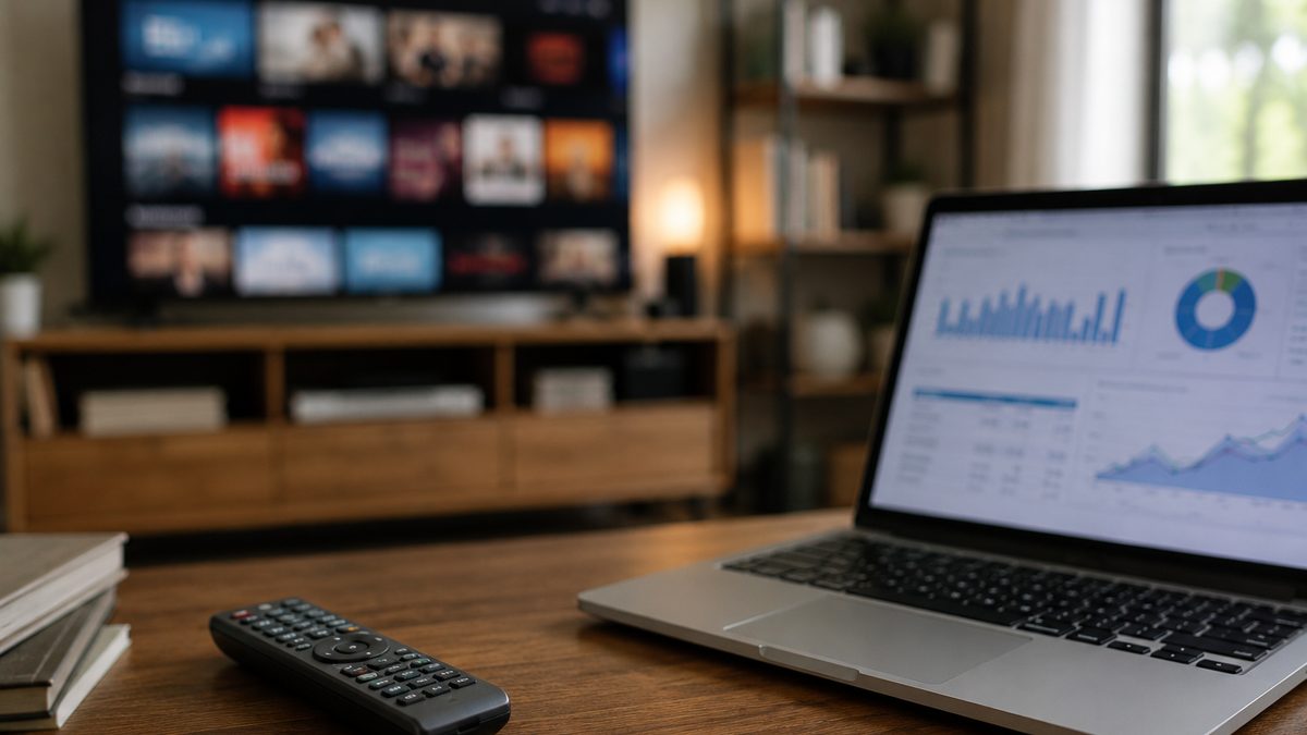 A television and laptop showing blurred streaming and market graphics.