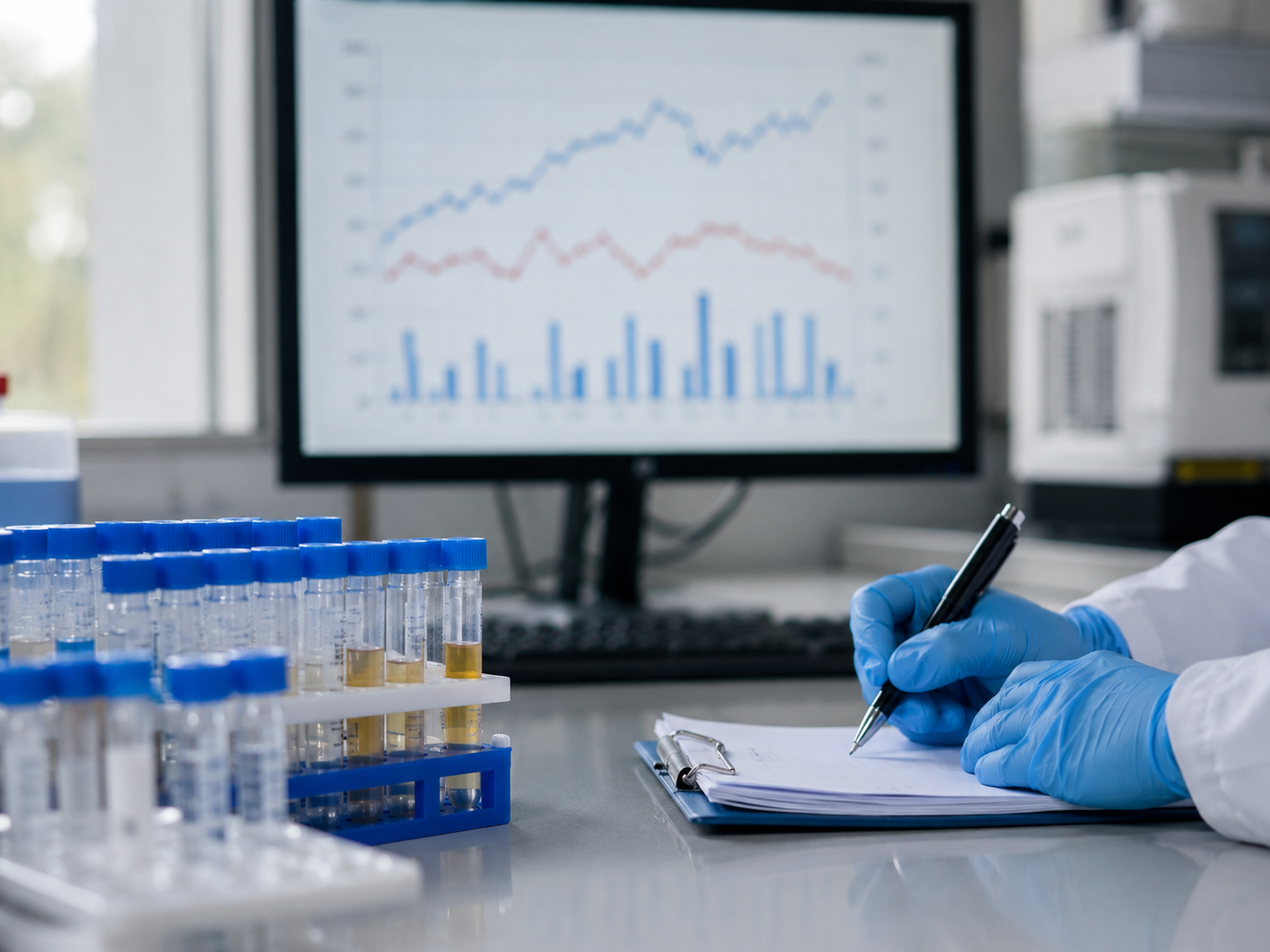 A public-health lab bench with sample tubes and a blurred climate chart.