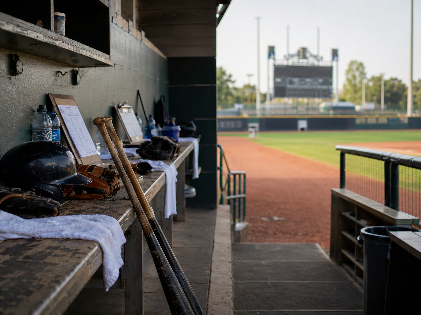 Baseball dugout with bats and gloves before a game.