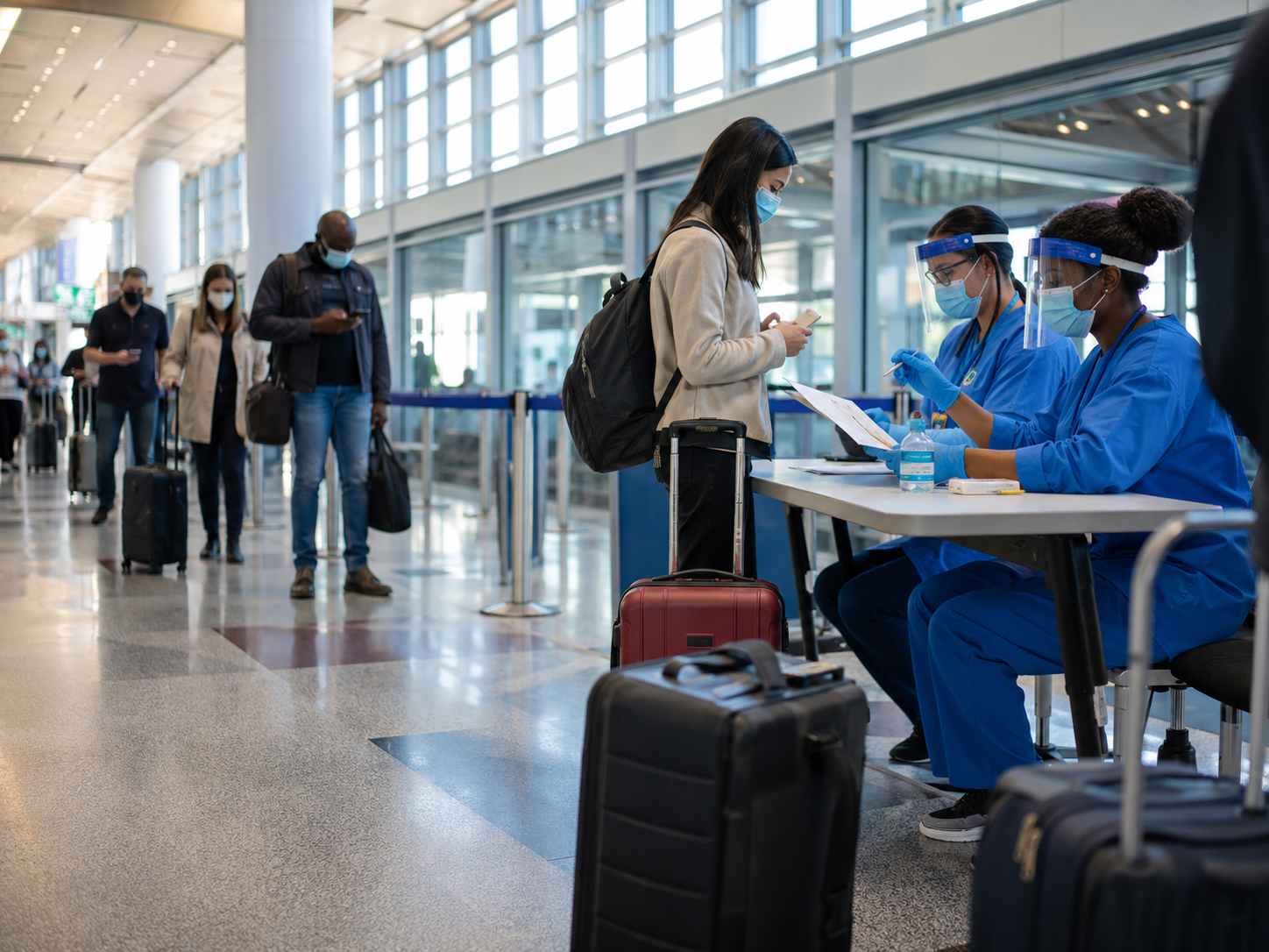 Public health workers review documents near an airport screening area.