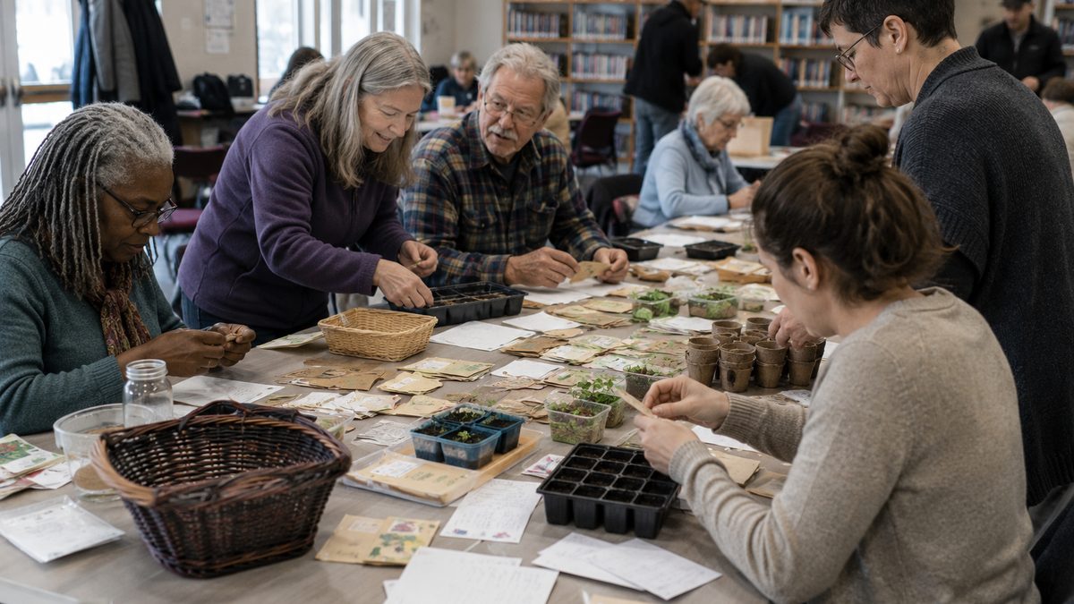 Neighbors sort seed packets and garden notes at a community seed swap table.