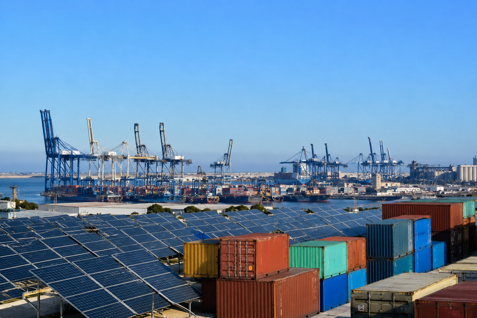 Industrial port and energy infrastructure representing supply-chain security.