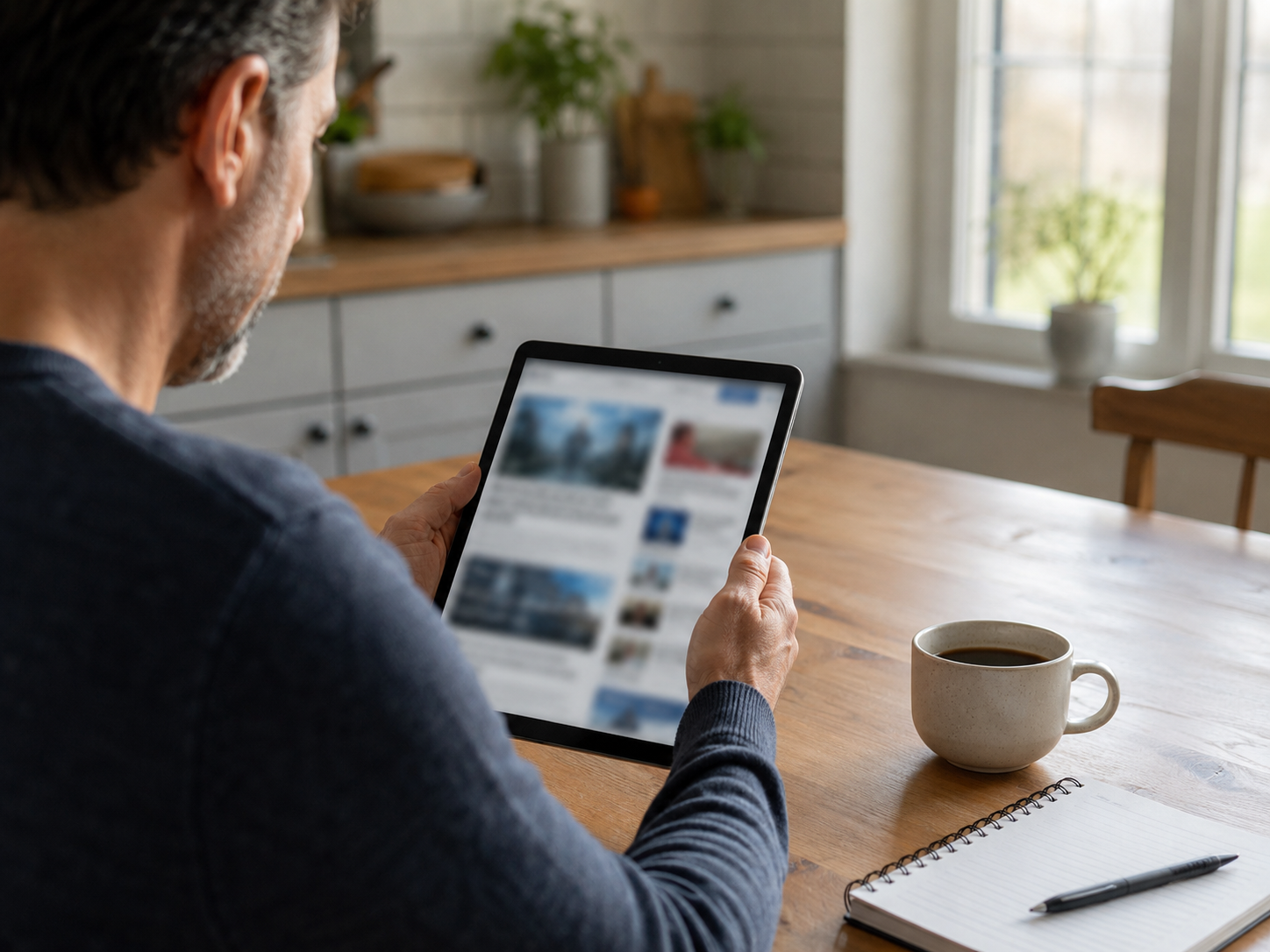 A reader reviewing news on a tablet with notes.