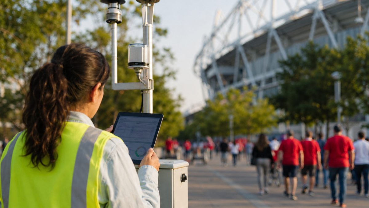 An air-quality monitor stands near a stadium walkway while a public-health worker reviews data on a tablet.