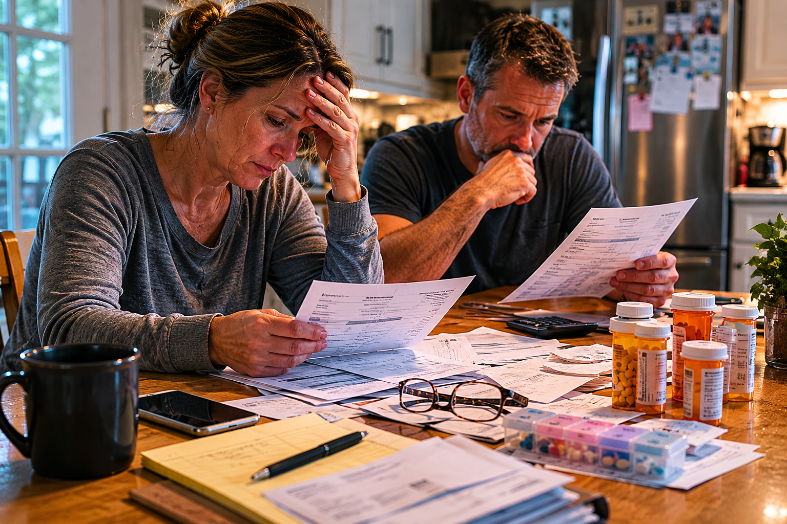 Health insurance paperwork and household bills on a kitchen table.