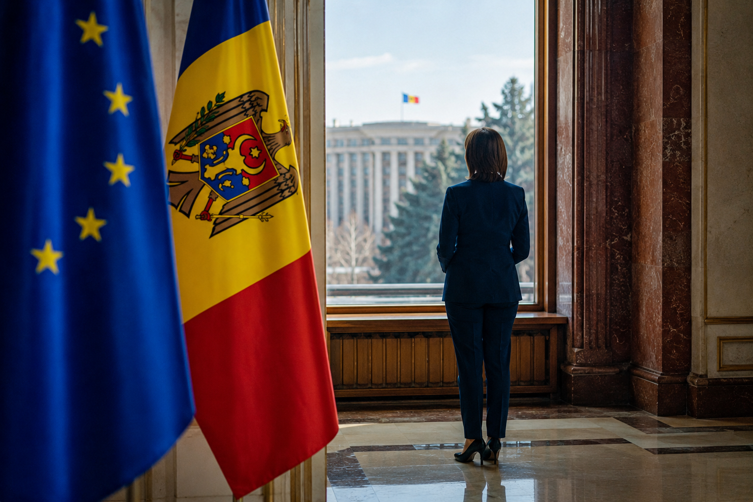 A Moldova map and security folders sit on a European government desk.