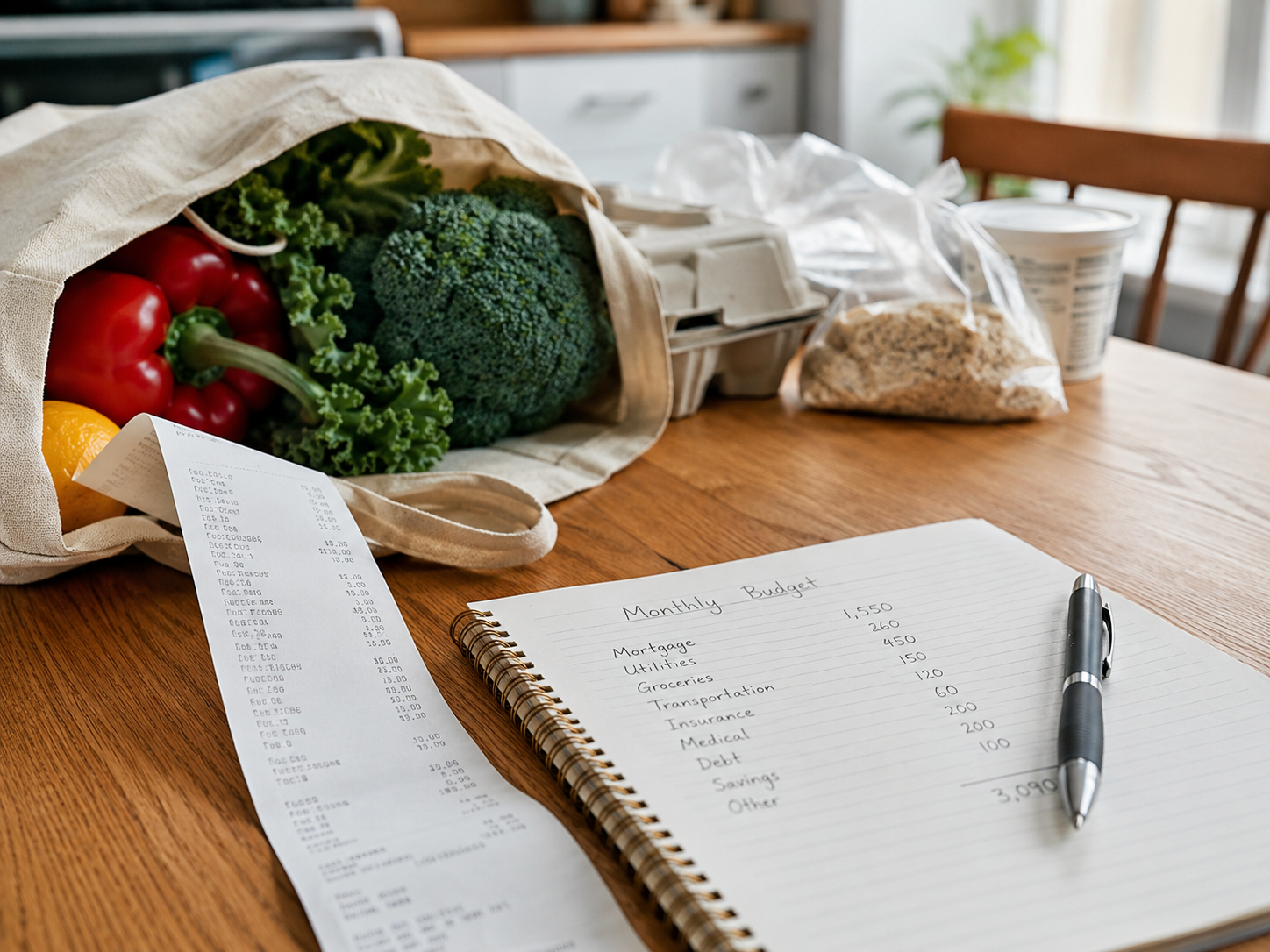 A grocery receipt and household budget notebook representing inflation pressure.