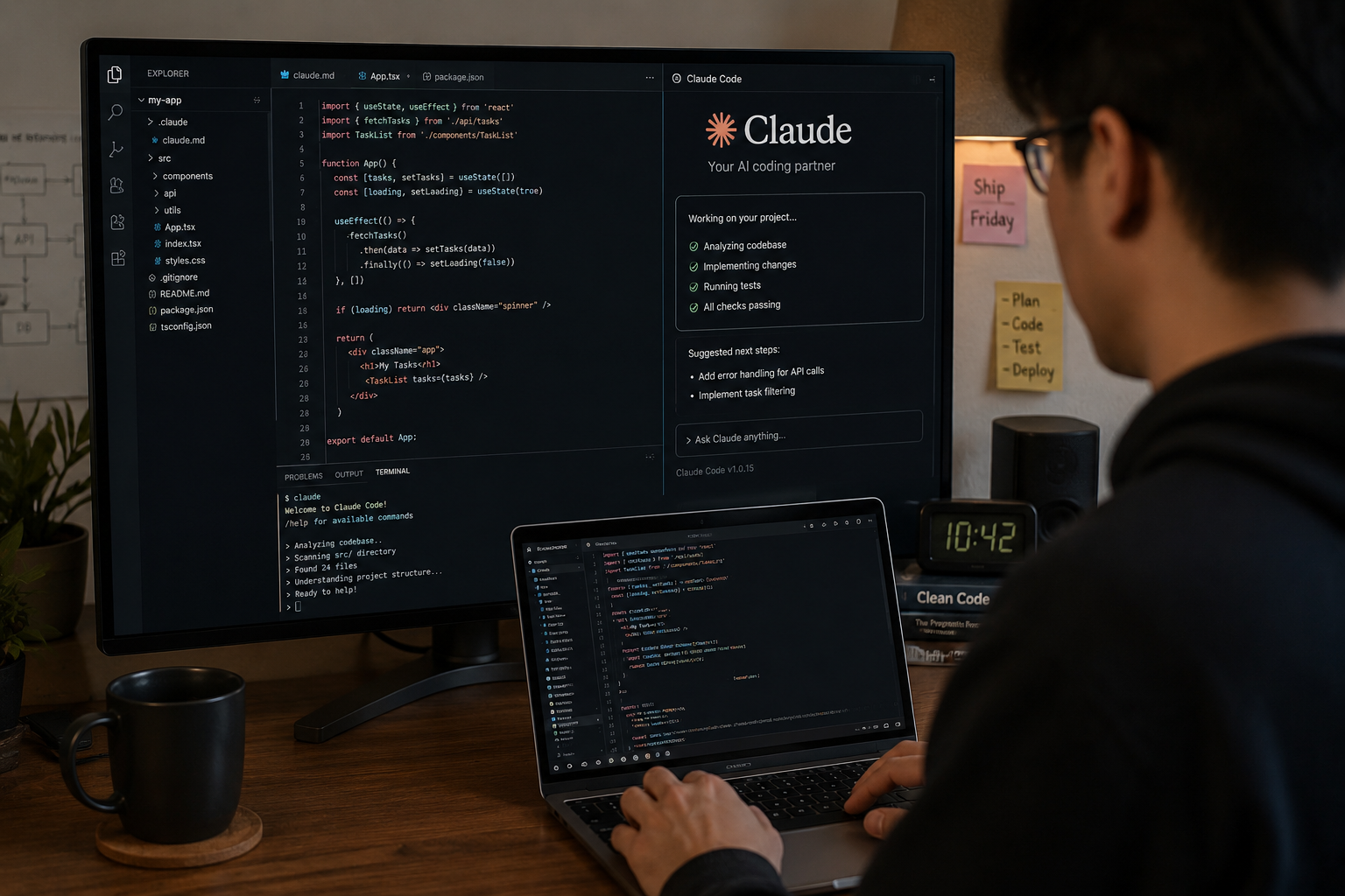 A laptop with blurred code windows and a task checklist.