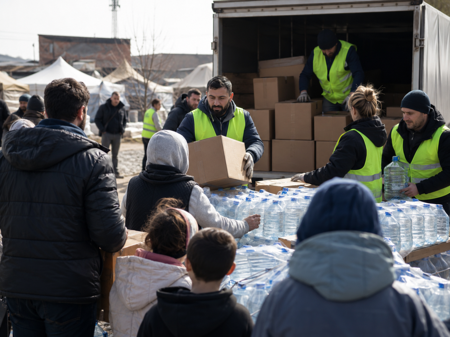 Aid workers organize supplies in a humanitarian logistics area.
