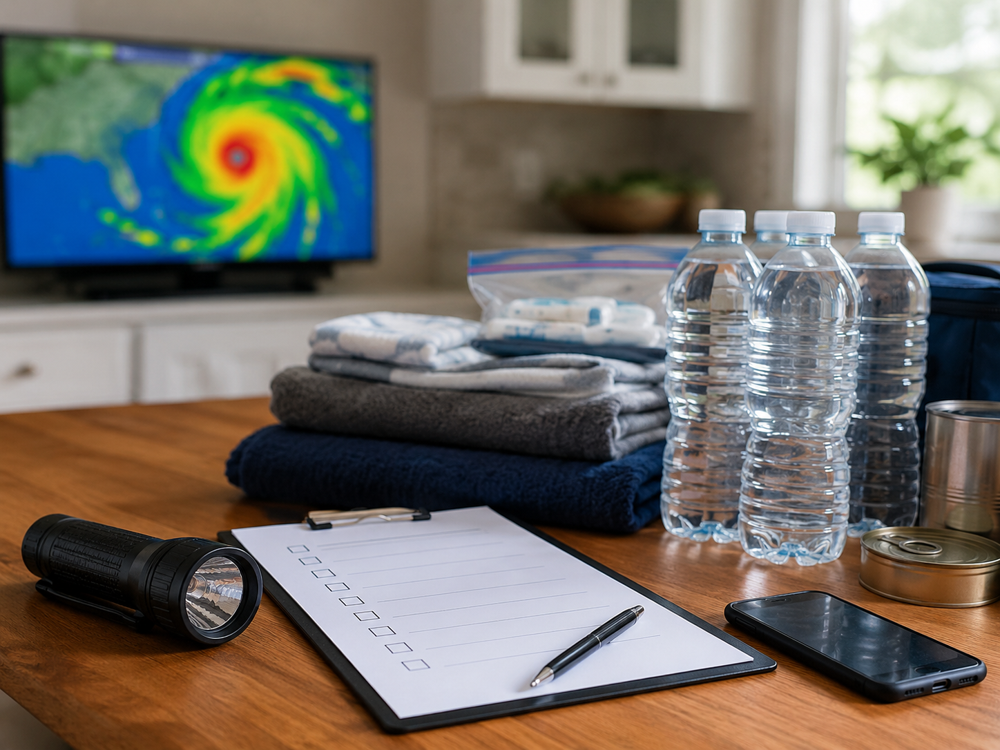A household hurricane-preparedness setup with supplies and a blurred weather map in the background.