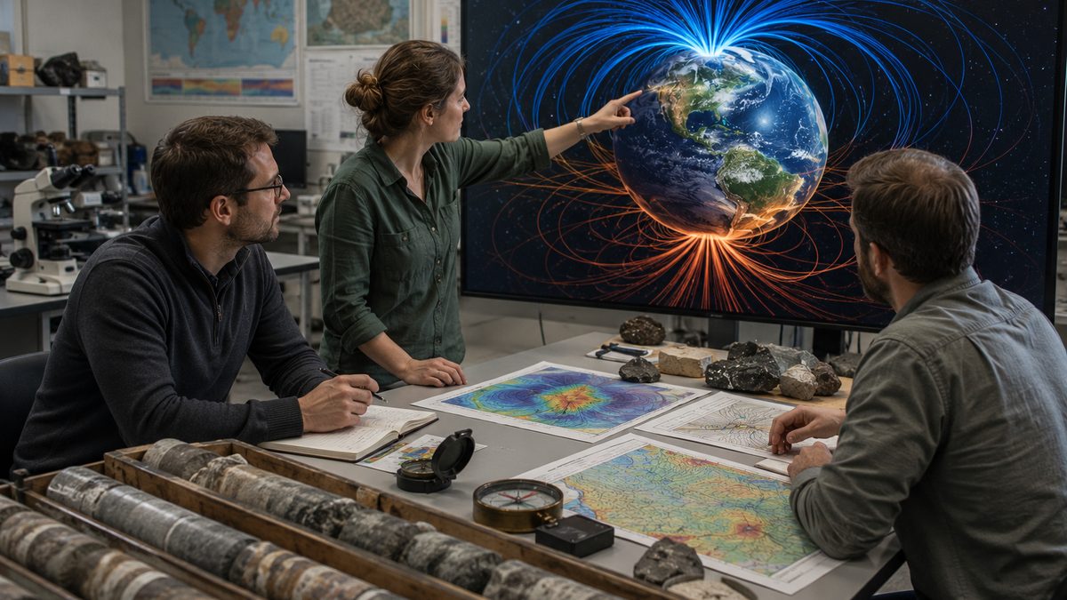 Scientists examine Earth's magnetic field using maps, rock samples, and computer models in a research laboratory.