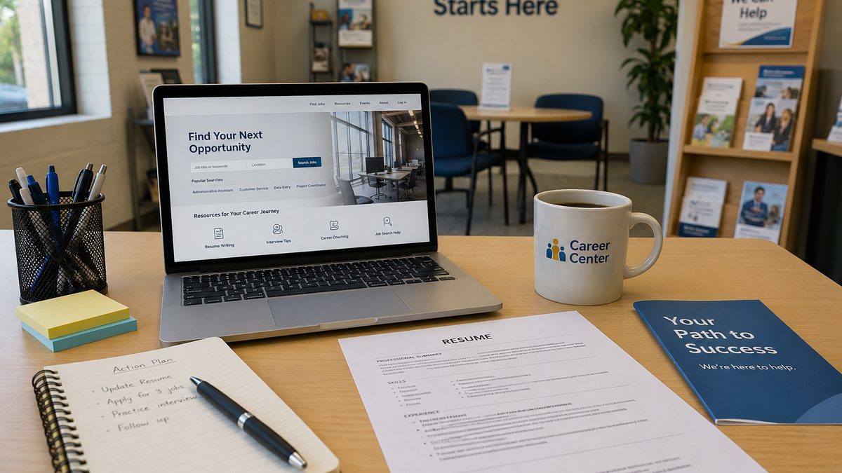 A laptop, resume and notebook sit on a desk as a worker searches for job information.