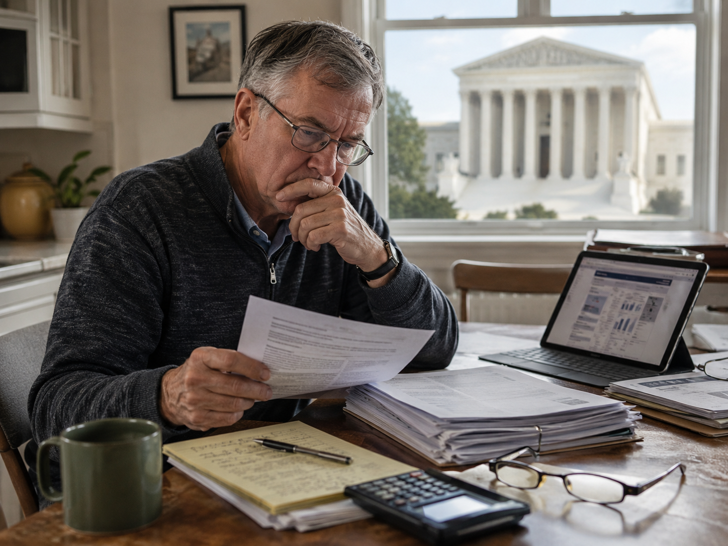 Pension paperwork and a calculator sit near courthouse columns.