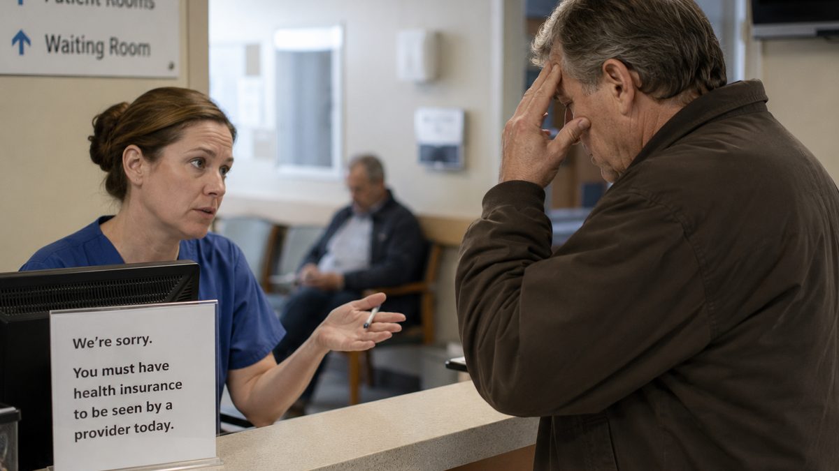 A family reviews health insurance paperwork and household bills at a kitchen table.