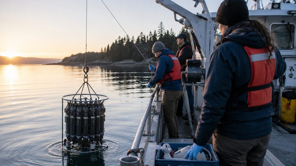Marine researchers lower ocean sampling equipment from a research vessel into coastal water.