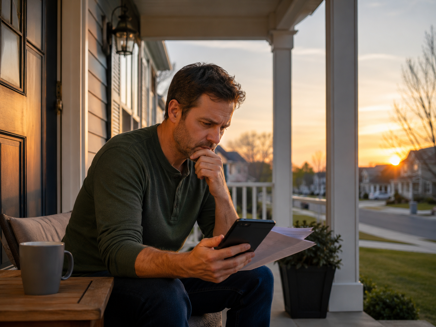 A person reviews retirement paperwork at a kitchen table beside a laptop.