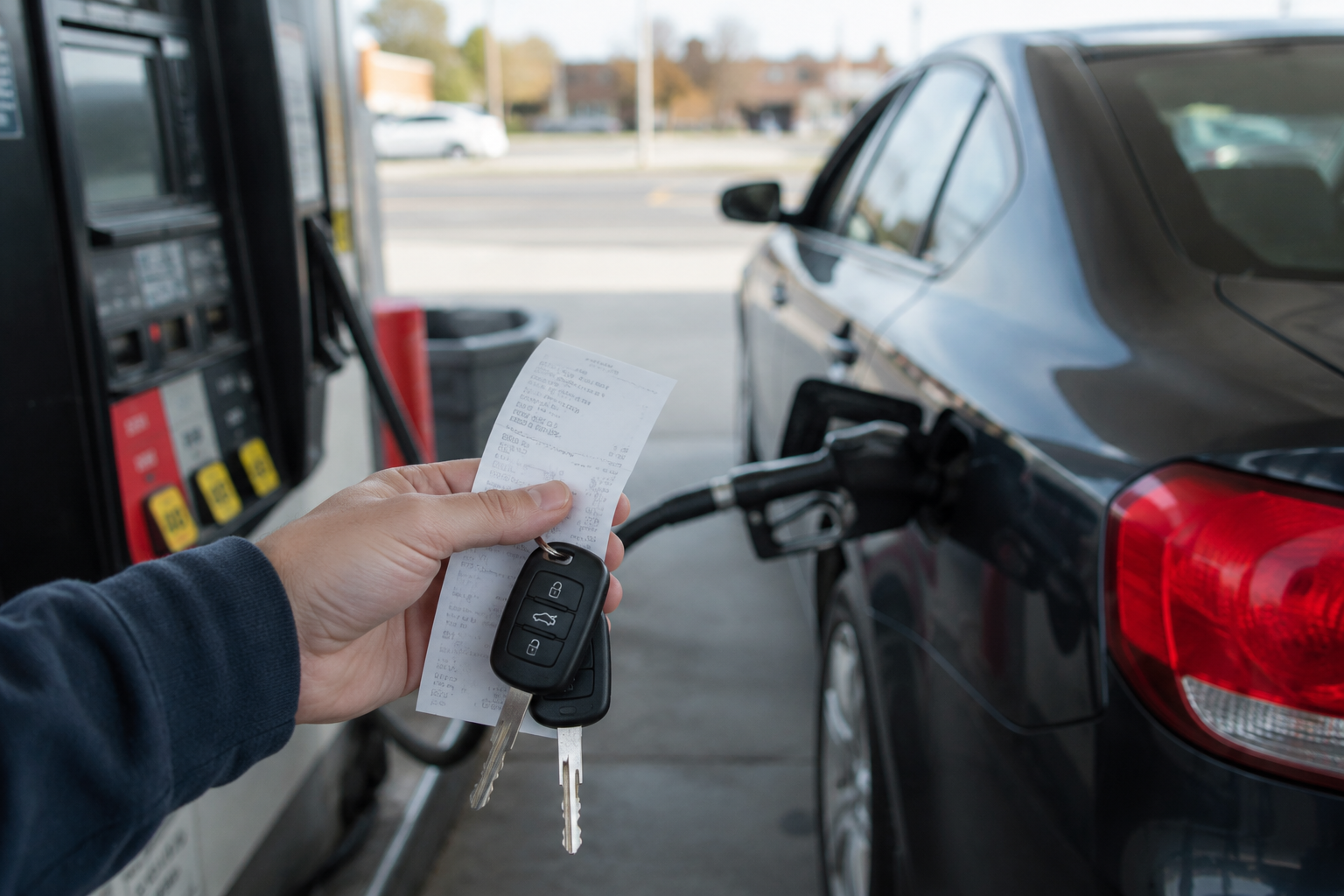 A driver holds a fuel receipt and car keys near a gas pump.