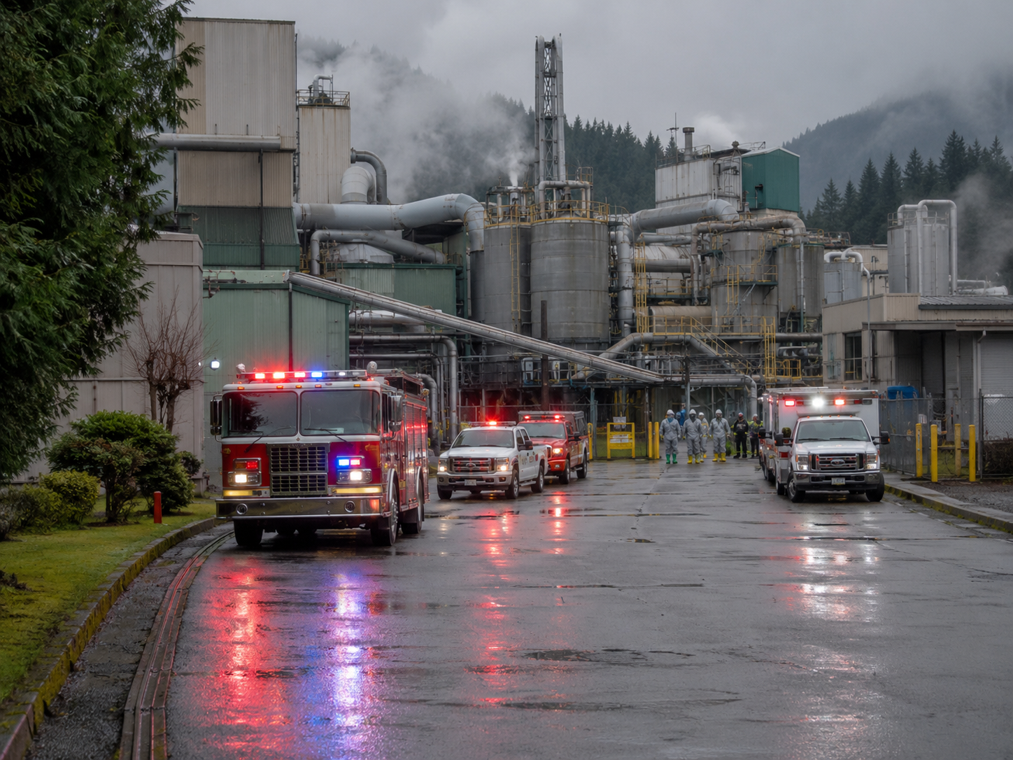 Emergency vehicles outside an industrial facility after a chemical incident.