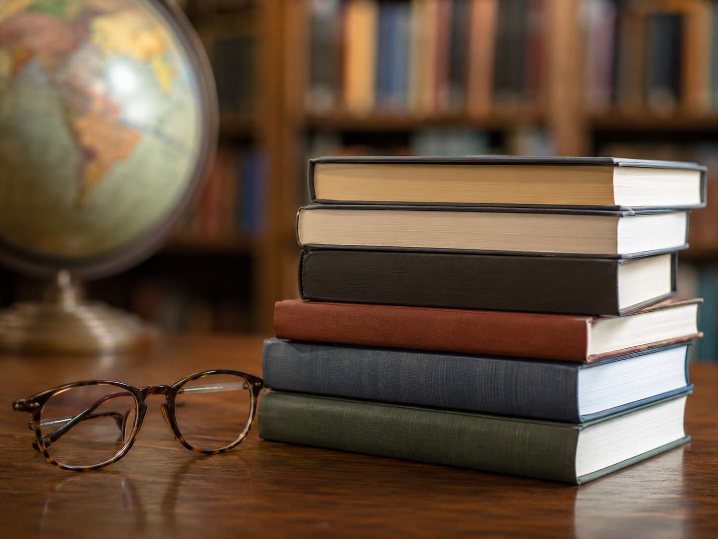 A stack of translated books on a library table representing the International Booker Prize.