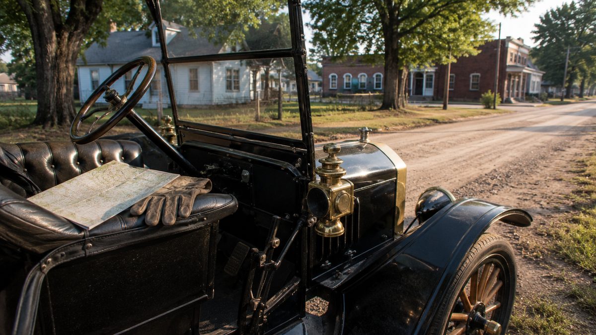 An early automobile parked near a rural road with a map and work gloves nearby.