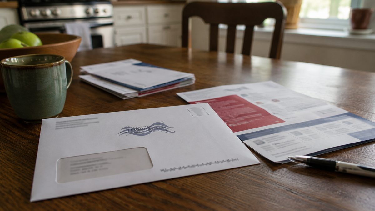 Mail ballot envelope and voter materials on a kitchen table.