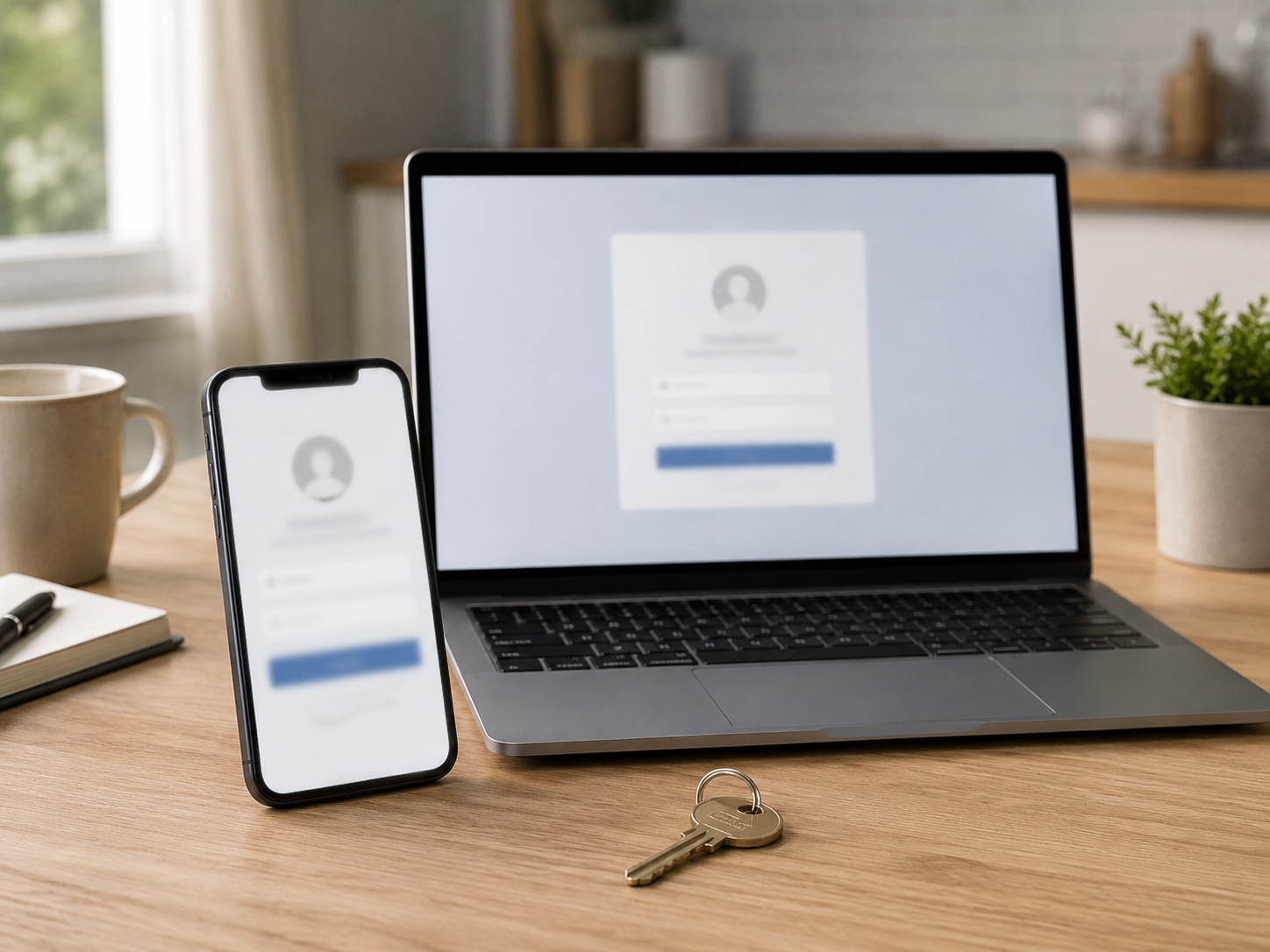 A smartphone and laptop show generic login screens beside a house key.