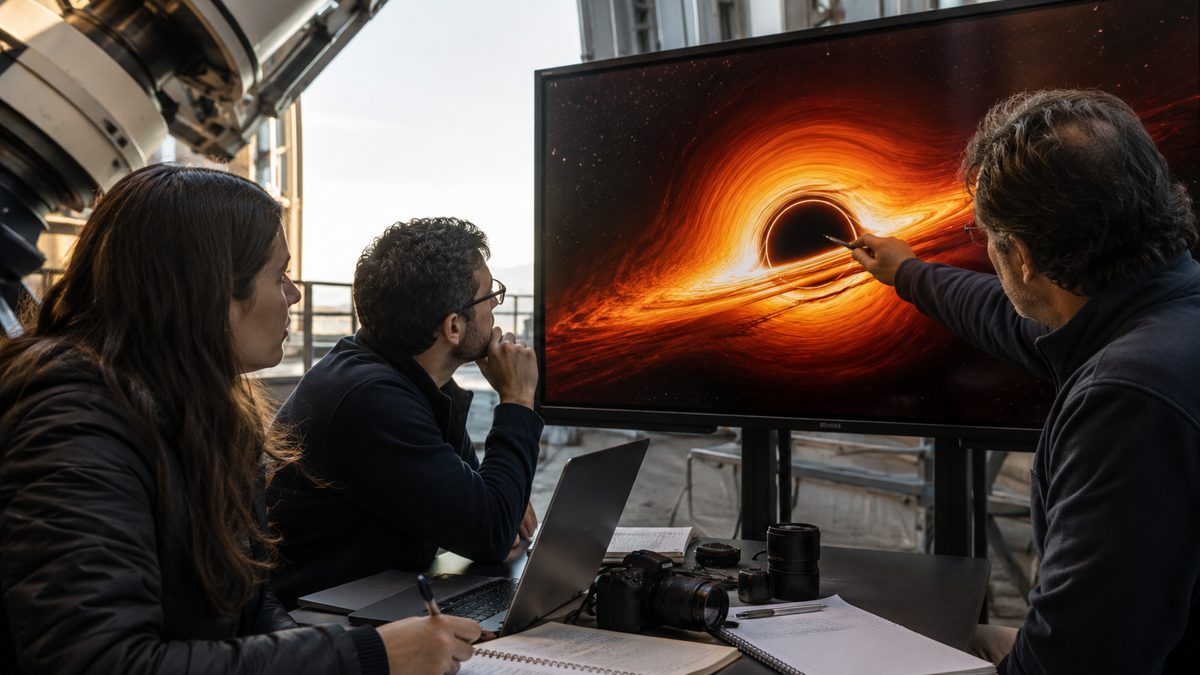 Astronomers study a simulation of a black hole and glowing accretion disk in an observatory.