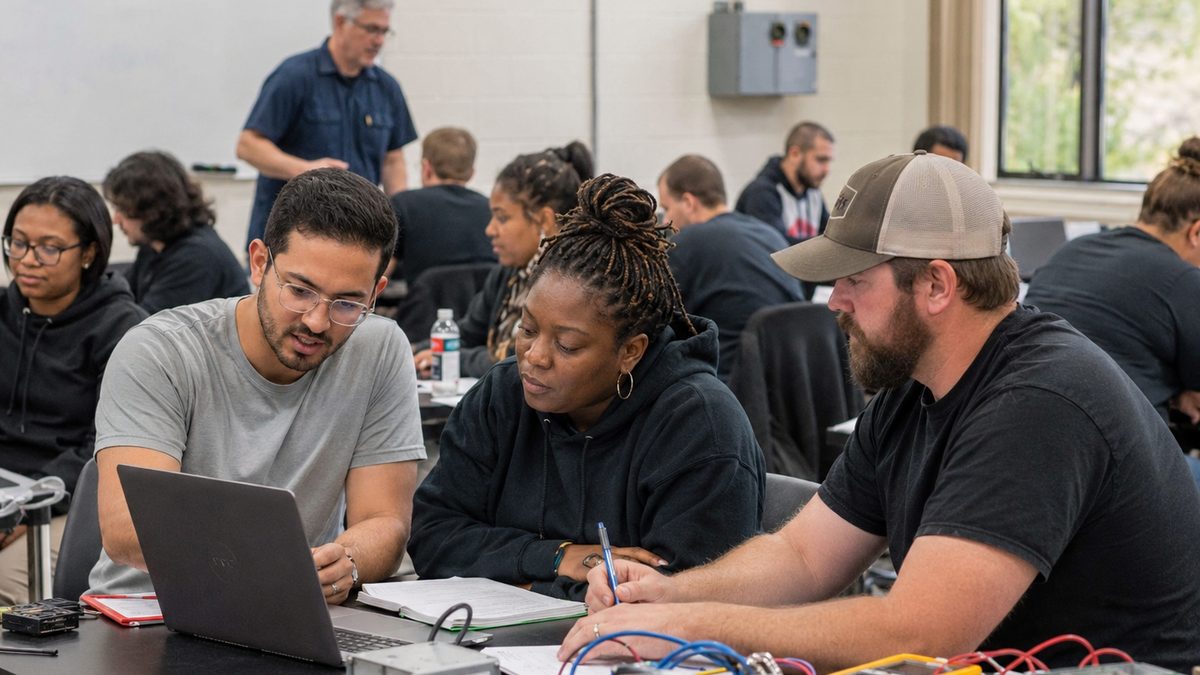 Adult students work together in a community college classroom.