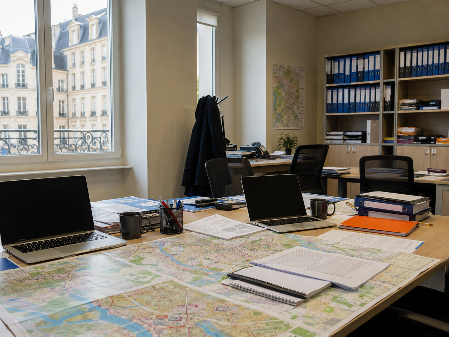 A quiet preparedness office with maps and folders on a desk.