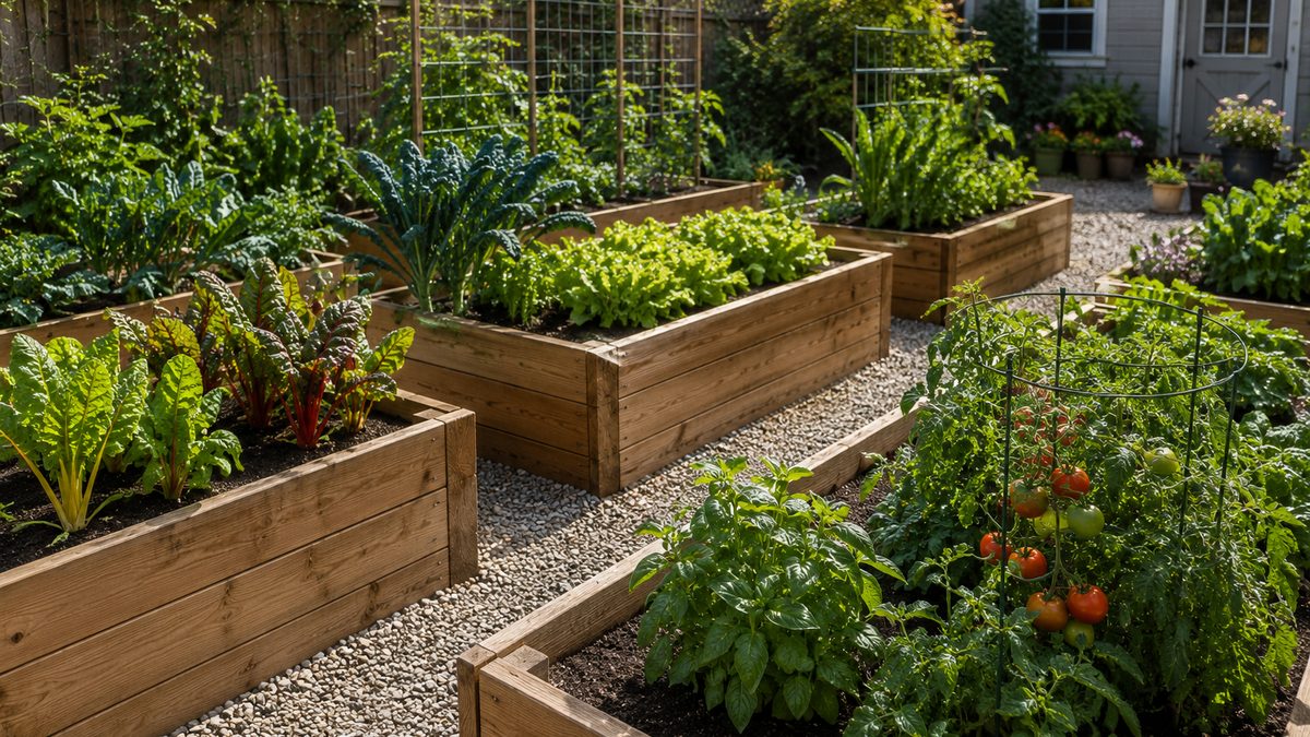 A raised garden bed being prepared with soil and basic hand tools.
