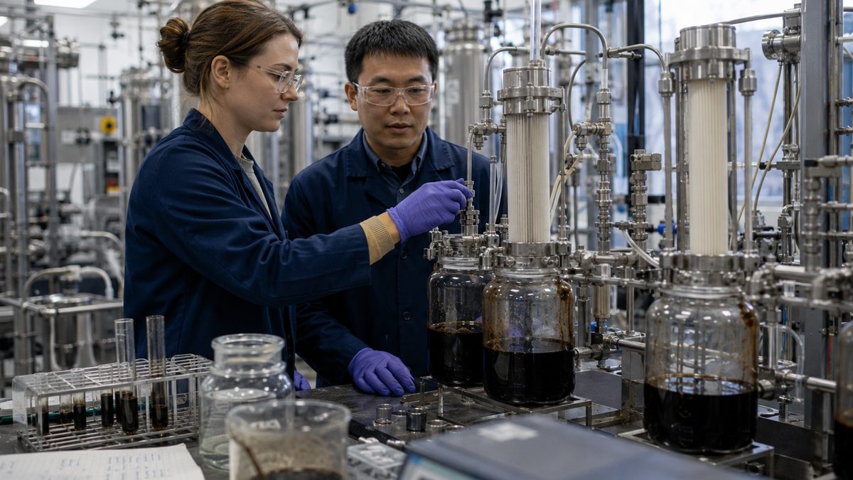 Researchers testing membrane filtration equipment in an industrial laboratory.