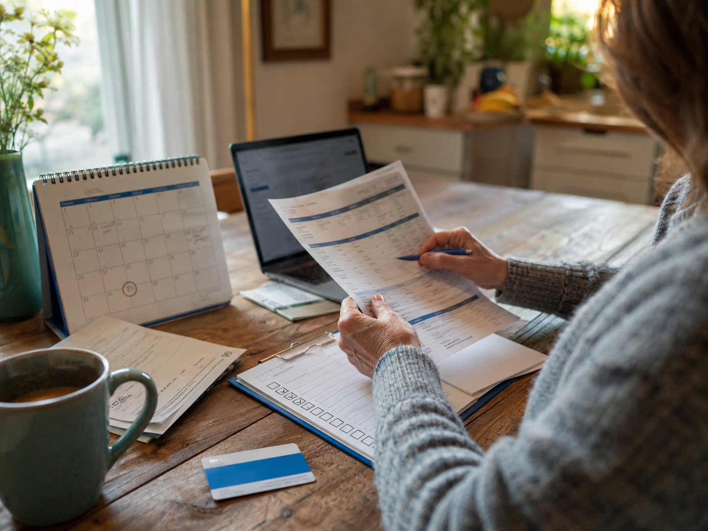A health insurance card, checklist, calendar, and laptop sit on a kitchen table.