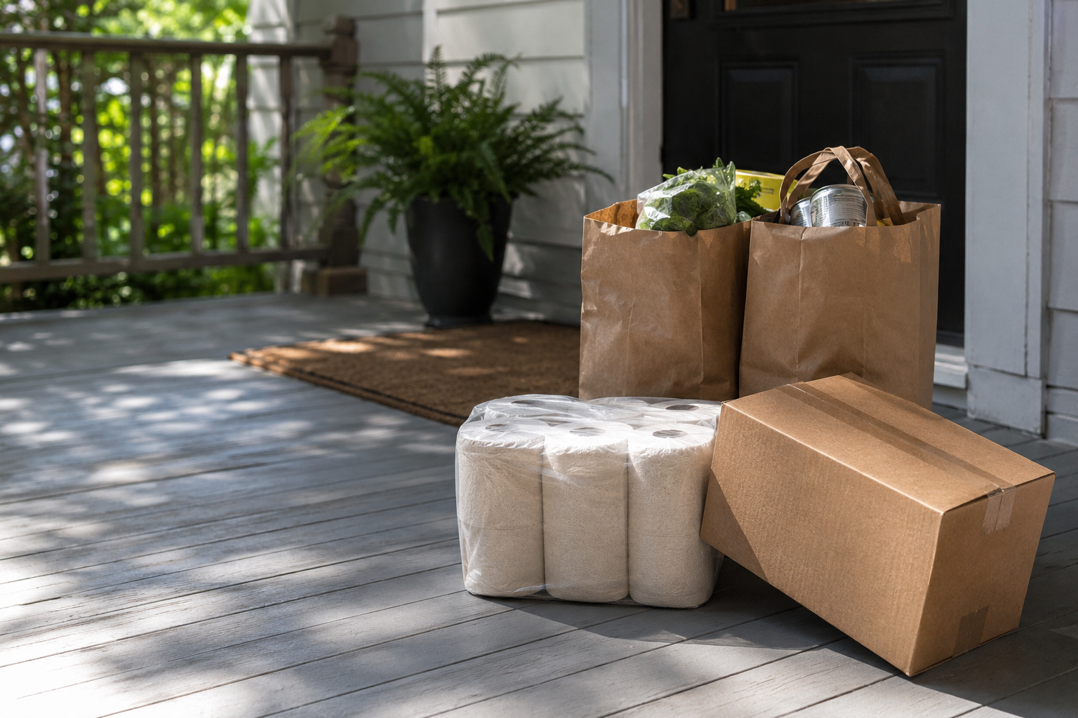 Grocery bags and household essentials sit on a front porch after delivery.