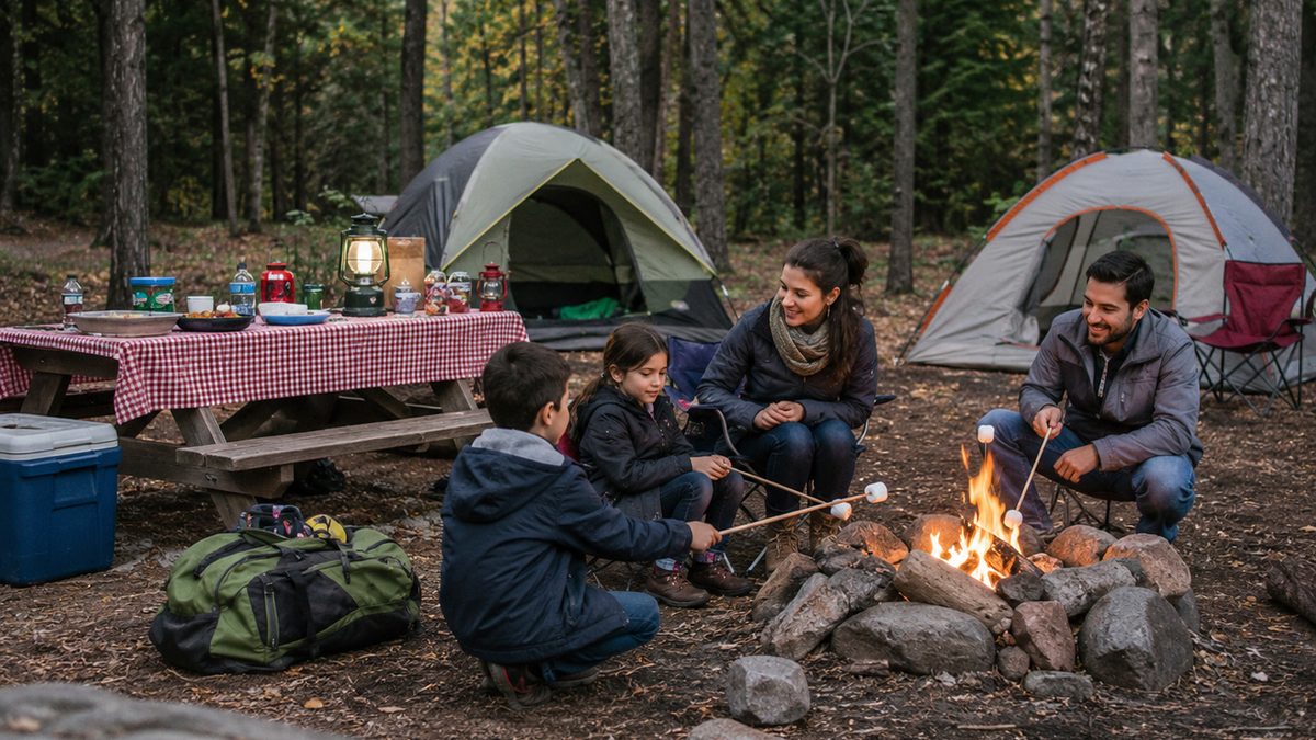 A summer campsite with a tent, chairs and picnic supplies set up near trees.