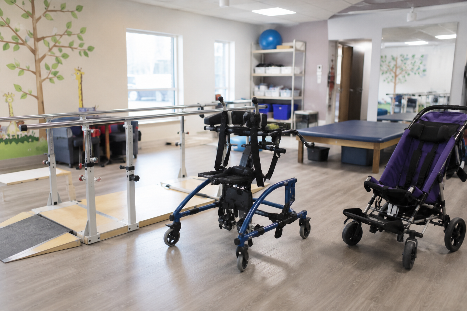 A pediatric rehabilitation room with walking supports and a clinical clipboard.