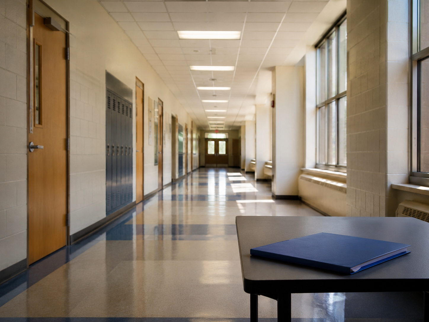An empty school hallway with a safety folder on a table.