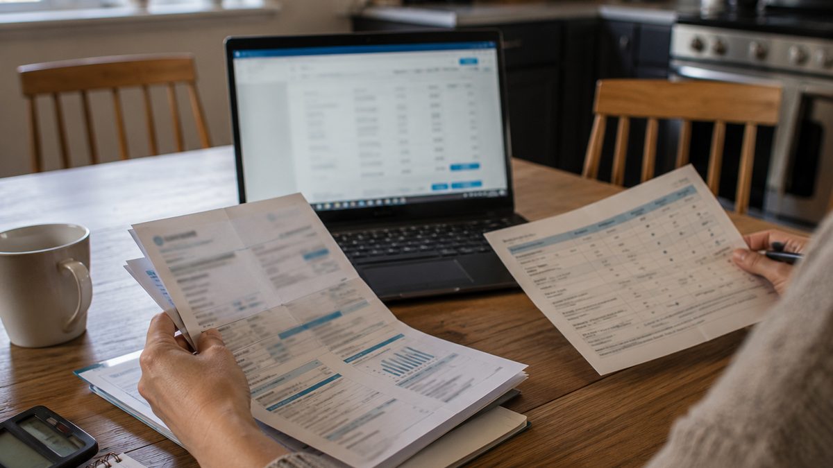 A household reviews an internet bill and broadband comparison sheet.