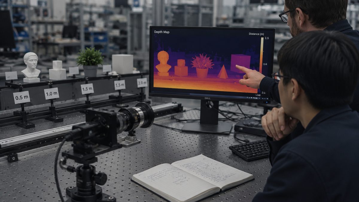 A camera research setup captures objects at different depths while a monitor shows a depth map.
