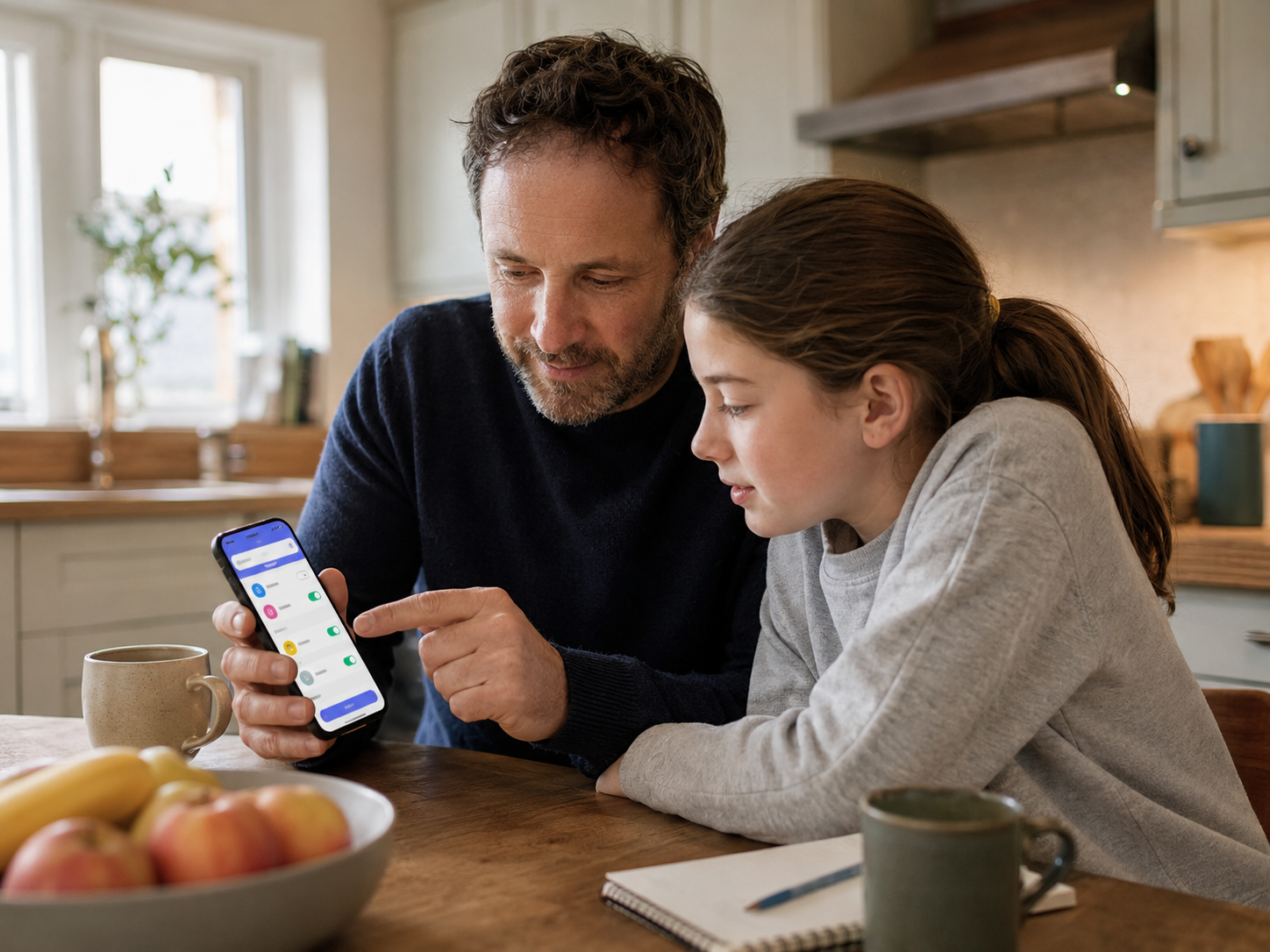 A parent and child look at phone safety settings together at a kitchen table.