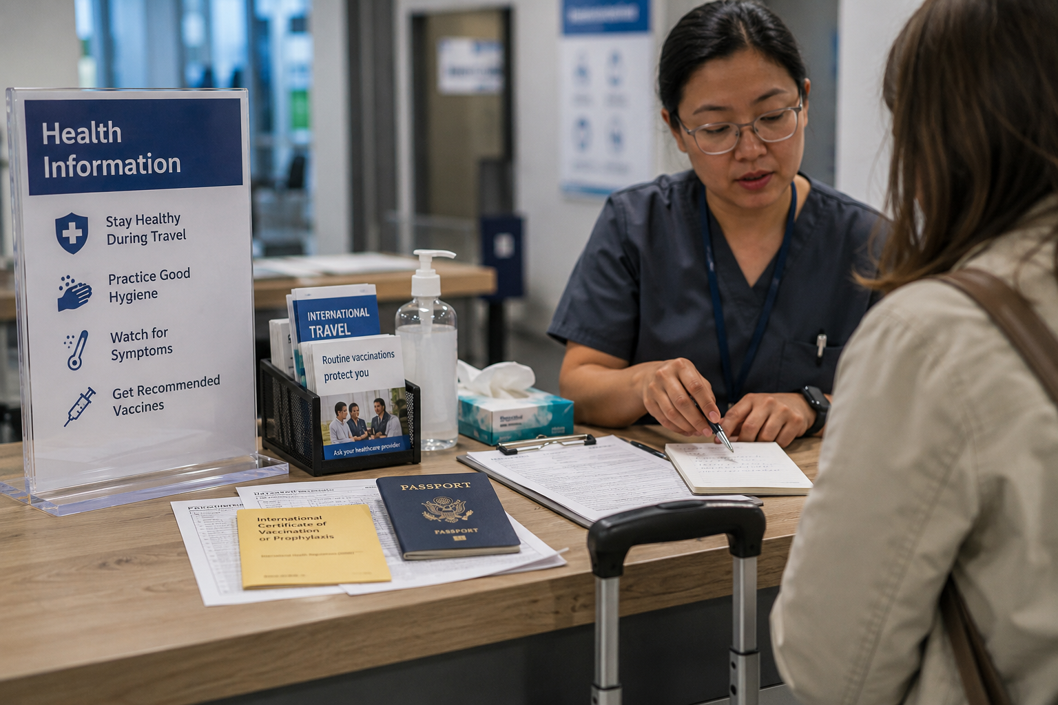 A clinician reviews travel health notes beside a suitcase handle.