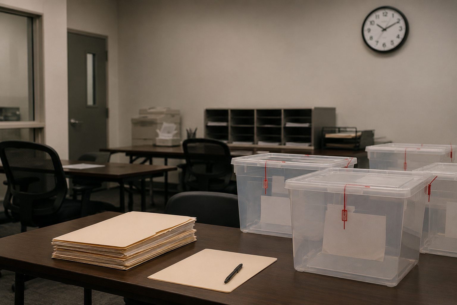 An election office with sealed ballot boxes and legal folders.
