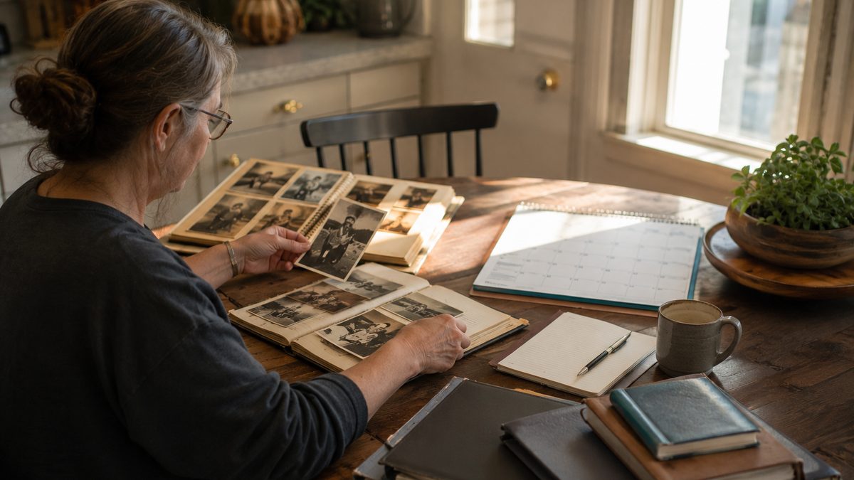 An adult reviews old photo albums, a calendar, and a notebook at a kitchen table.