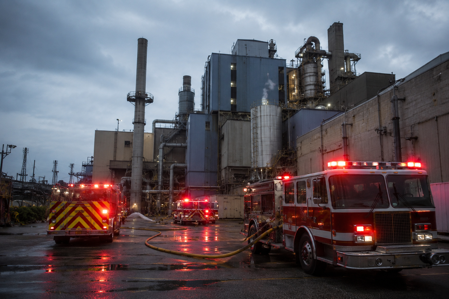 Industrial paper mill complex near a river with emergency vehicles staged nearby.
