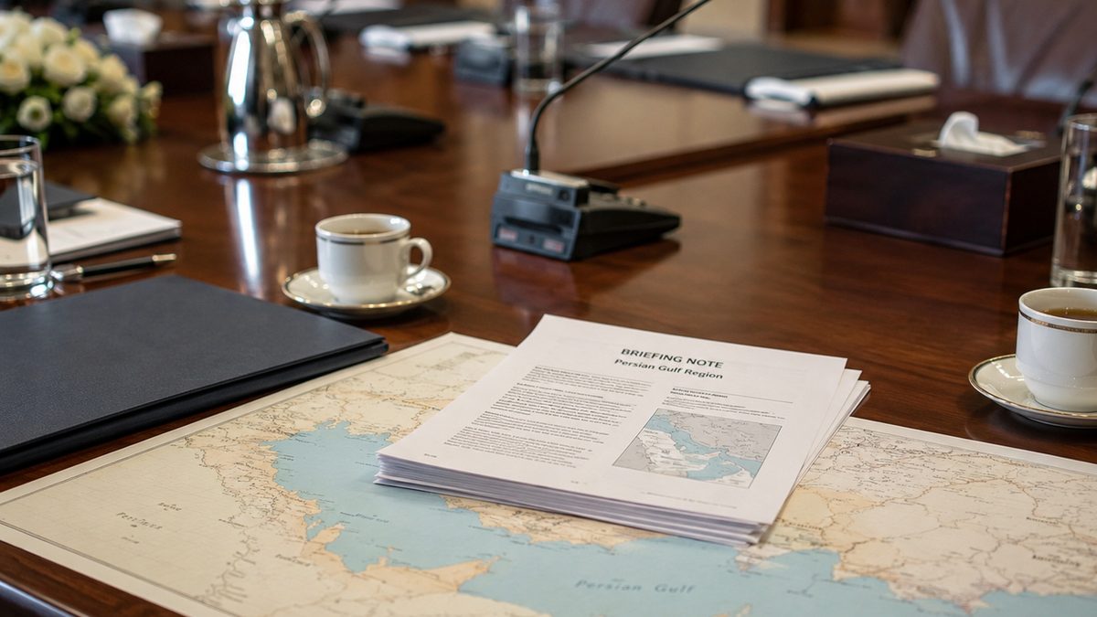 Diplomatic folders and microphones on a conference table near a regional map.