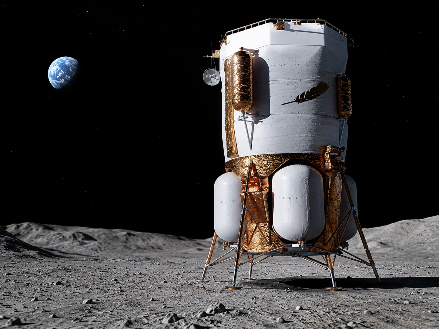 A lunar lander test article inside a large industrial chamber.