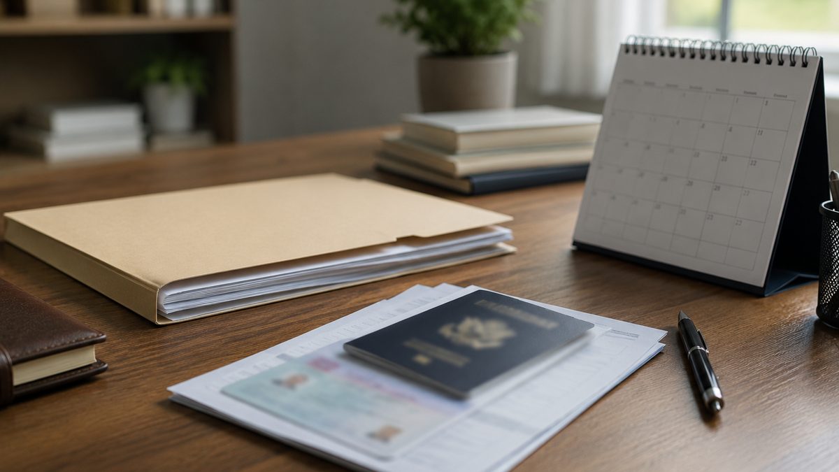 Closed immigration paperwork folder on an office desk.